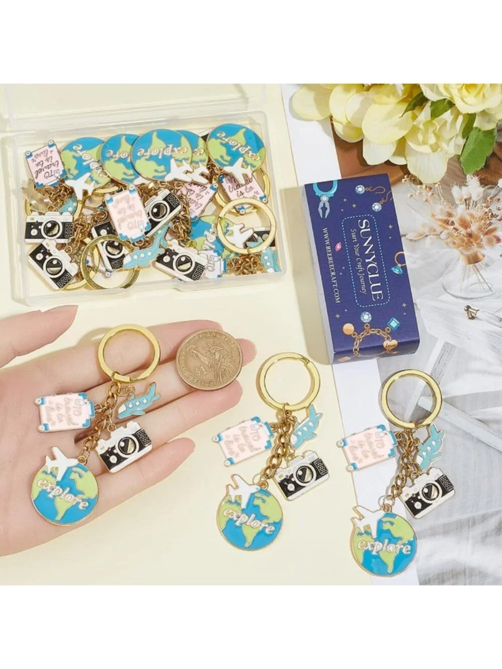 Travel Keychain Set - 10 Enamel Airplane & Earth Map Keychains for Adventure
